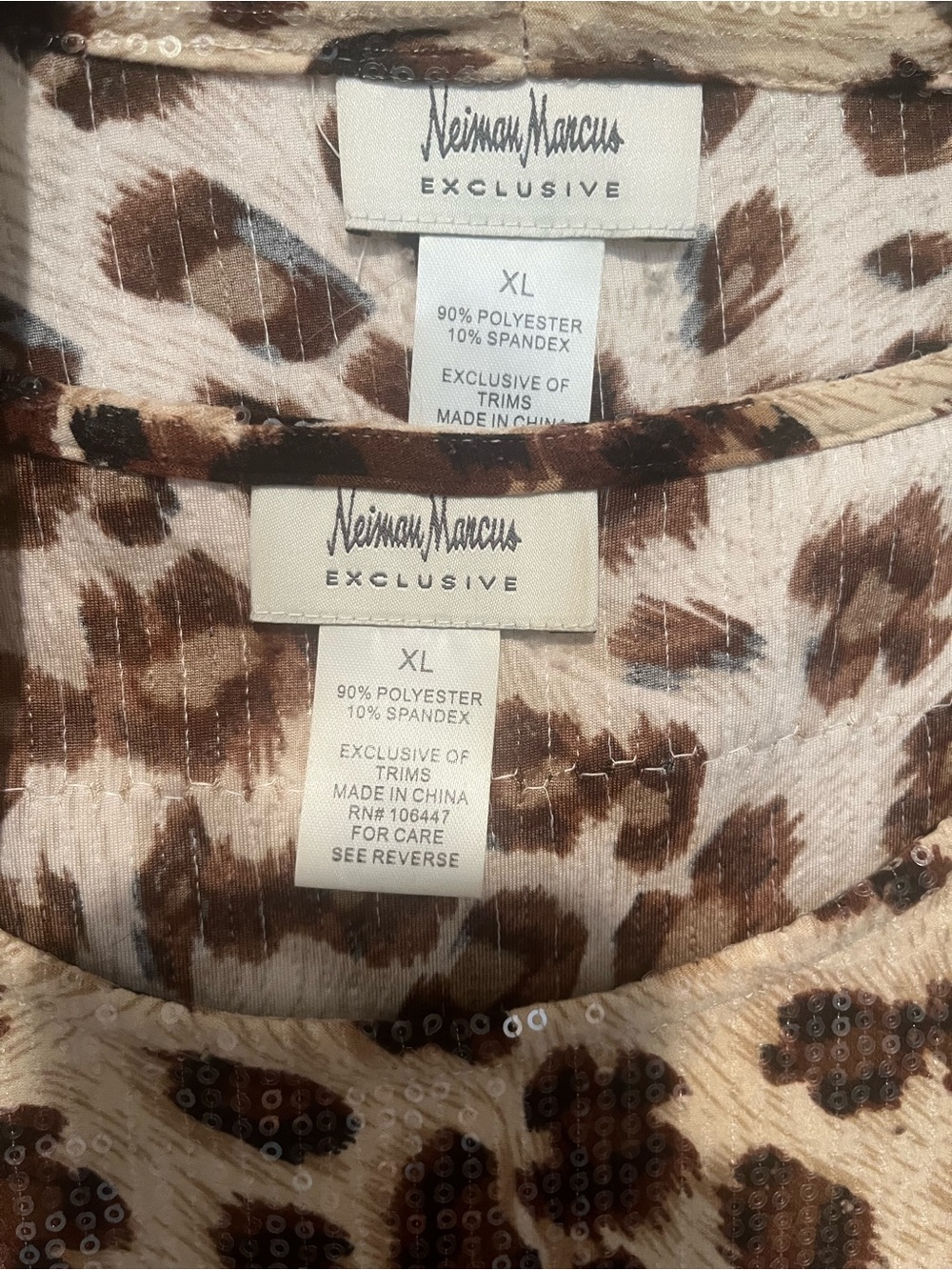 Neiman Marcus Leopard Print Sequin Trim Top - Brown & Cream
